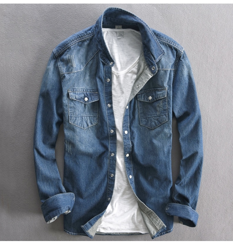 Men's Long-Sleeved Solid Denim Shirt