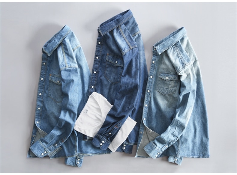 Men's Long-Sleeved Solid Denim Shirt