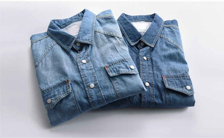 Men's Long-Sleeved Solid Denim Shirt