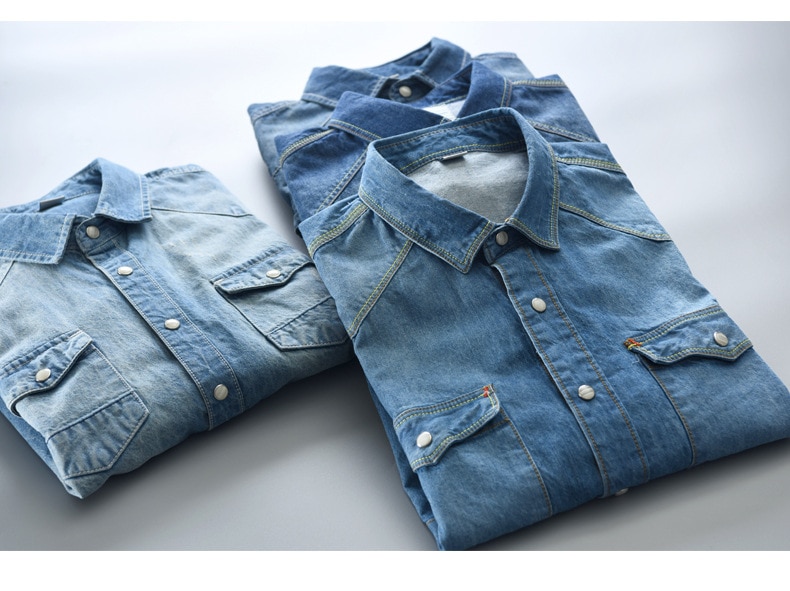 Men's Long-Sleeved Solid Denim Shirt