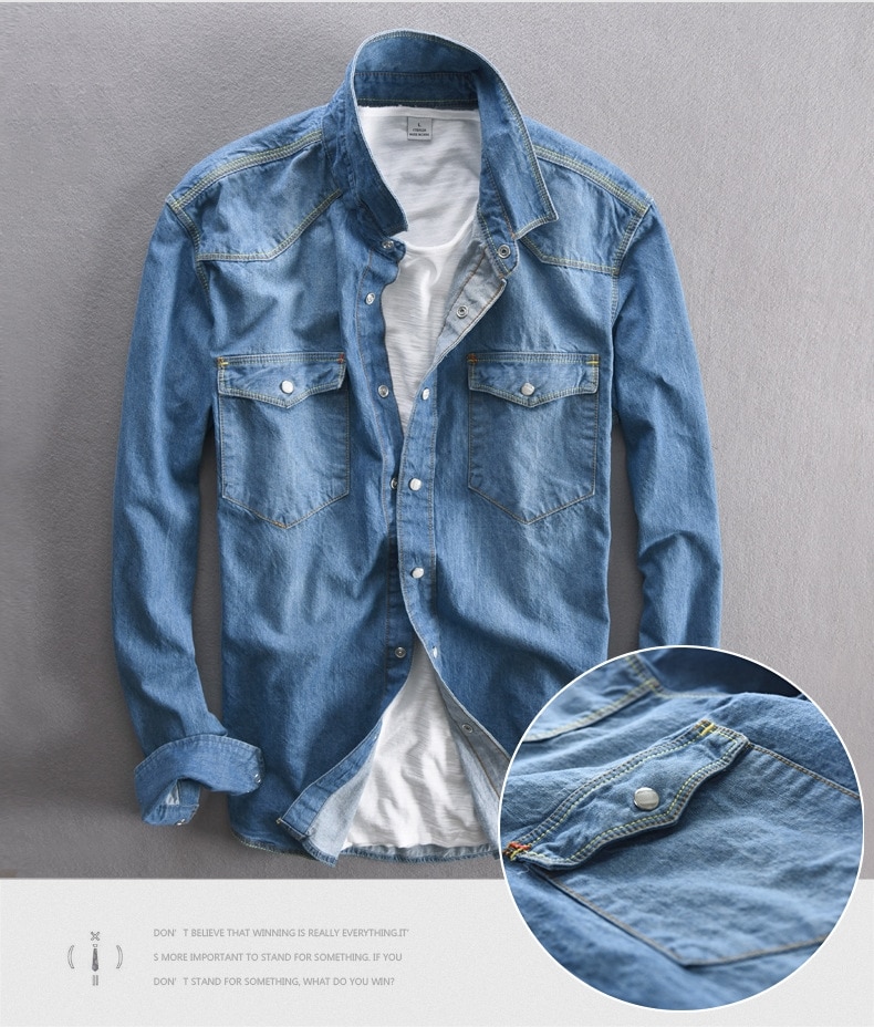 Men's Long-Sleeved Solid Denim Shirt