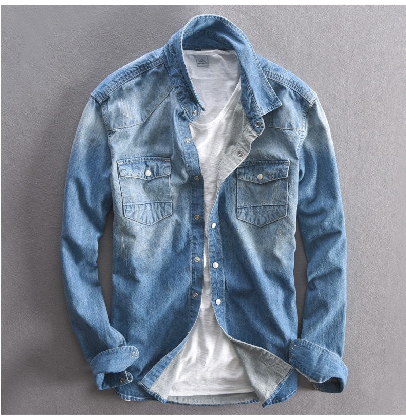 Men's Long-Sleeved Solid Denim Shirt