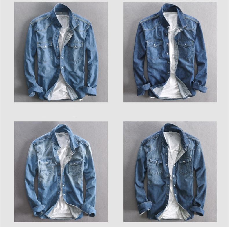 Men's Long-Sleeved Solid Denim Shirt