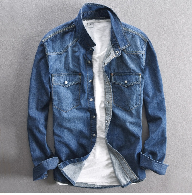 Men's Long-Sleeved Solid Denim Shirt