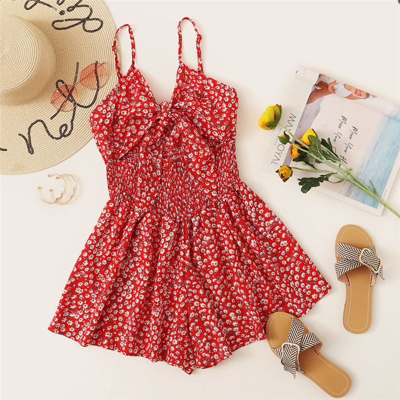 Floral Red Cut Out Sleeveless Romper for Women