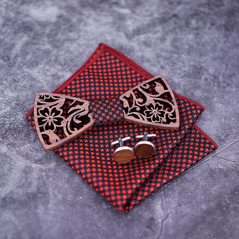 Men's Wooden Bow Tie, Handkerchief and Cufflinks Set