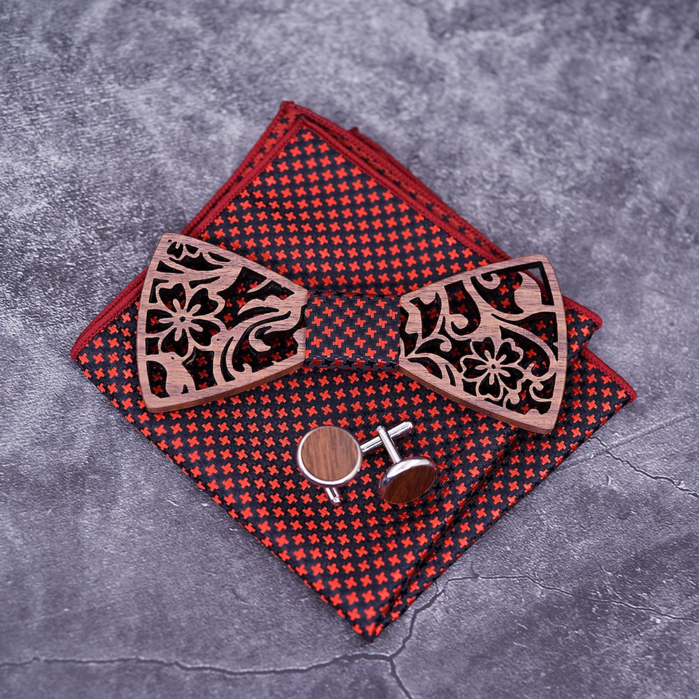 Men's Wooden Bow Tie, Handkerchief and Cufflinks Set