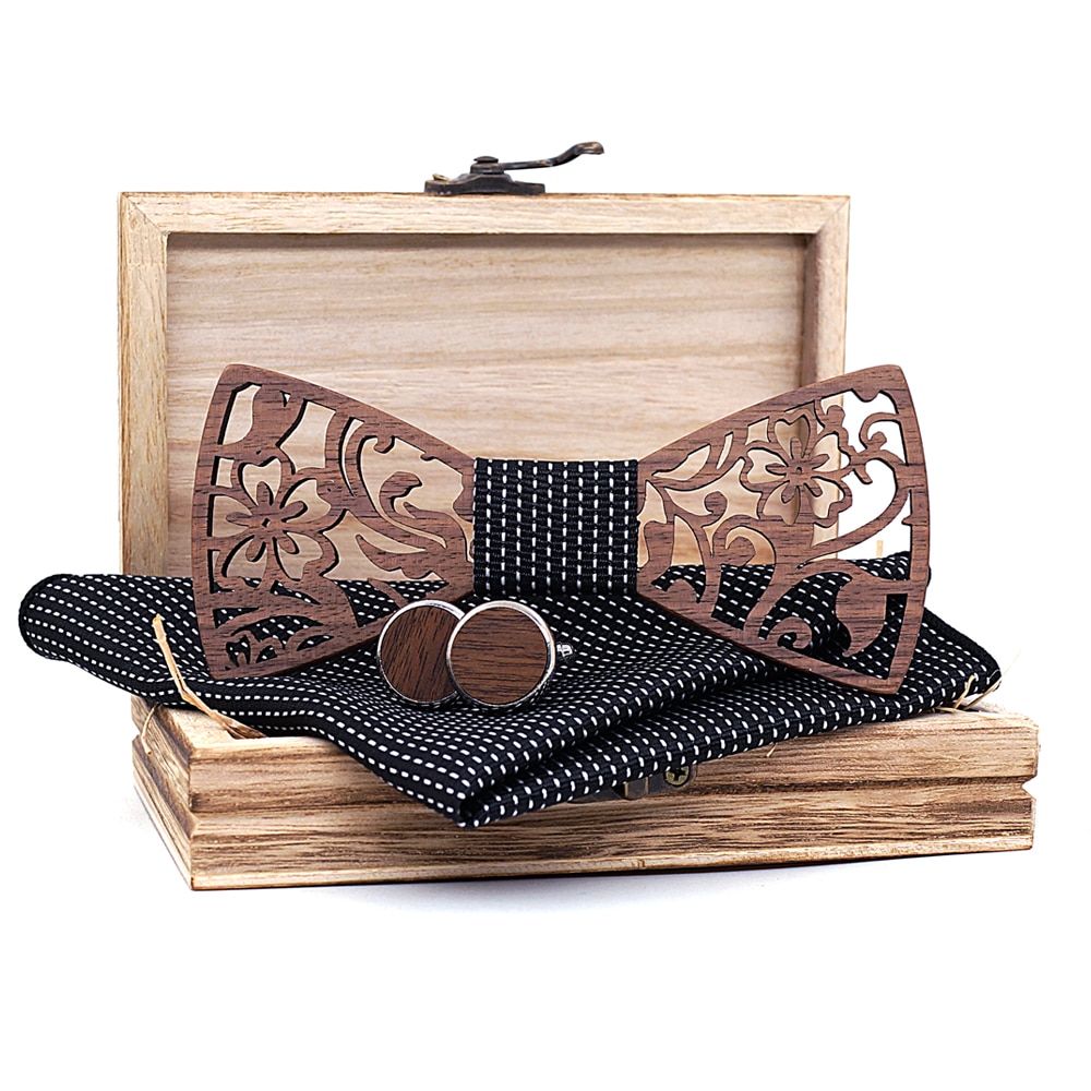 Men's Wooden Bow Tie, Handkerchief and Cufflinks Set