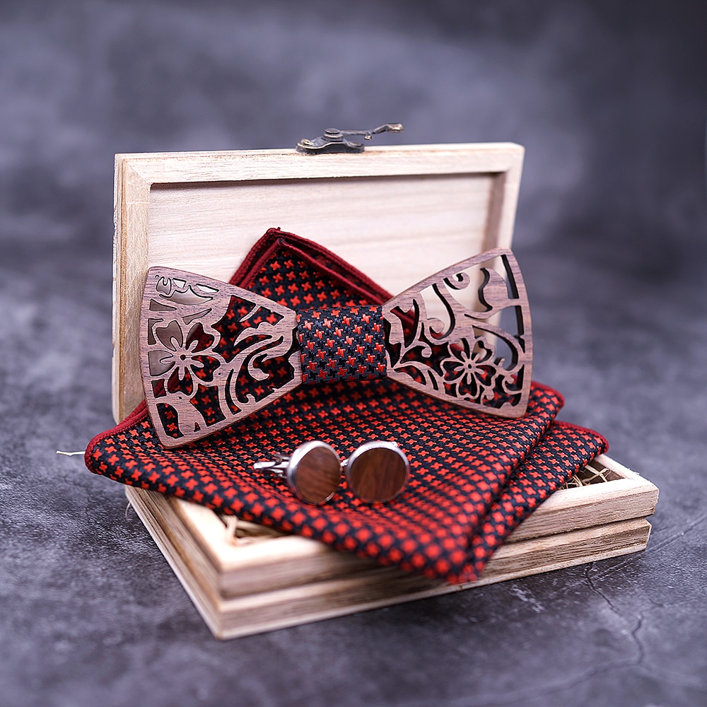 Men's Wooden Bow Tie, Handkerchief and Cufflinks Set