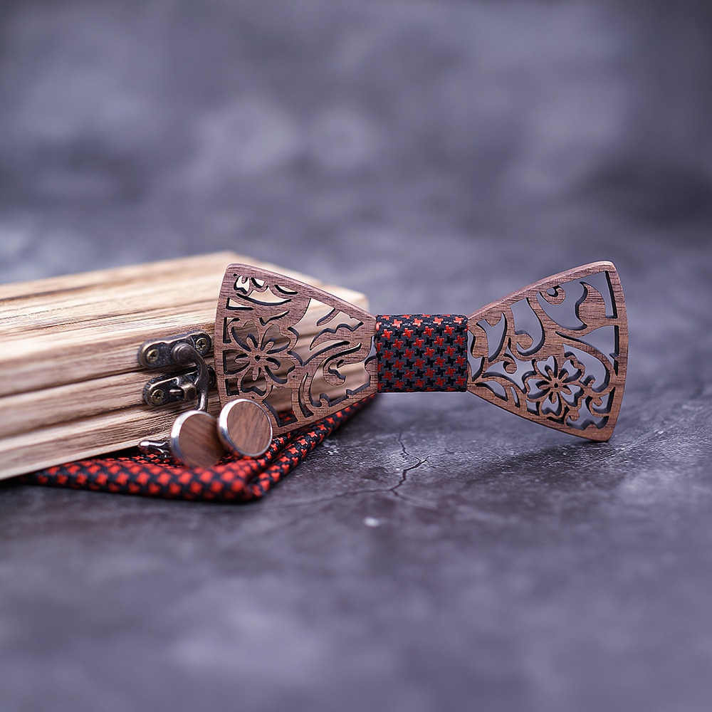 Men's Wooden Bow Tie, Handkerchief and Cufflinks Set