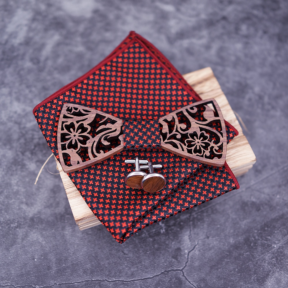 Men's Wooden Bow Tie, Handkerchief and Cufflinks Set