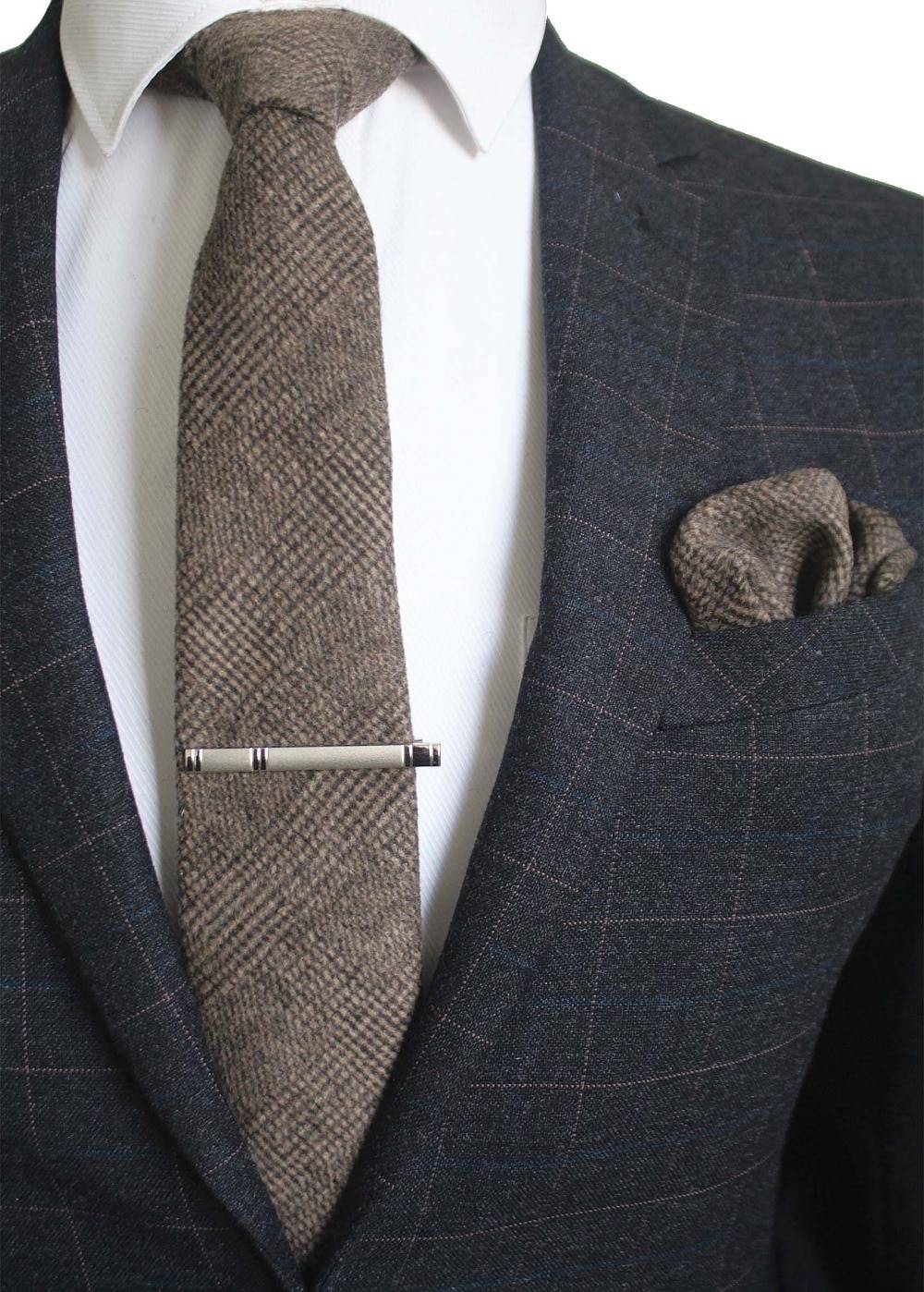 Men's Wool Neck Tie, Pocket Square and Clip Set