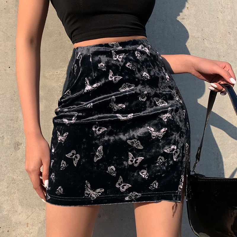 Women's Velvet Mini Skirt with Butterfly Embroidery