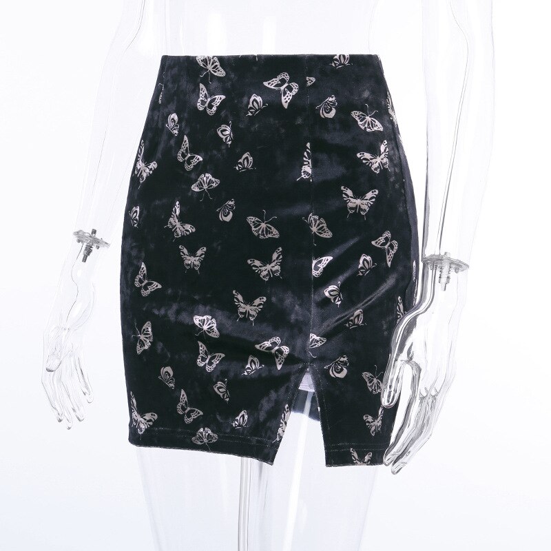 Women's Velvet Mini Skirt with Butterfly Embroidery